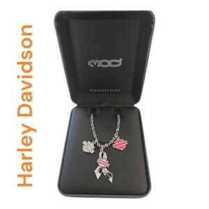 Harley Davidson Cancer Awareness Chain Necklace Three Pendants Pink Silver